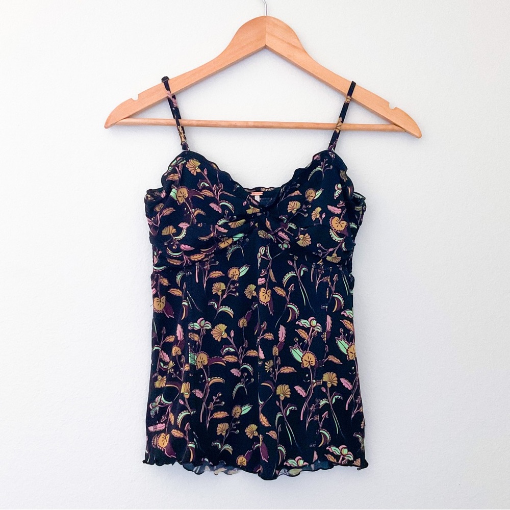 Free People Floral Tank Top Paisley Spaghetti Straps Top Medium Black M